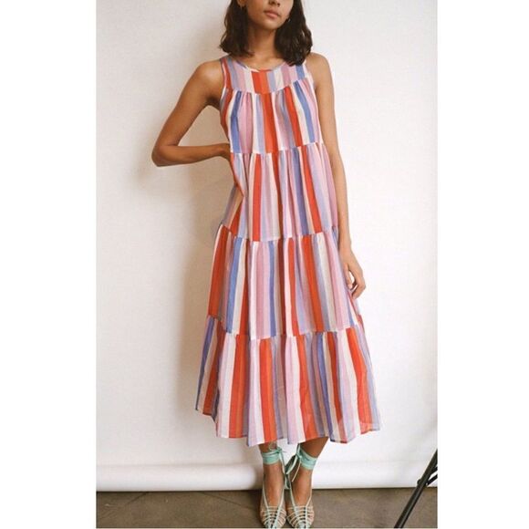 Xirena Eva Striped Silk Sleeveless Multicolor Tiered Midi Dress Sorrento Sz XS - Picture 1 of 9